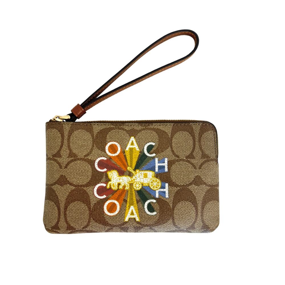Coach Radial Rainbow Signature Coated Canvas Small Wristlet Wallet Brown C7308